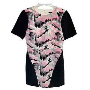 Tibi Black Pink White Abstract Color Block Silk Linen Dress Colorful Career Wear